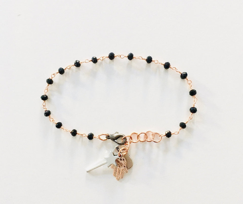 Rosary bracelet with magic wand and hamsa charm. Spinels Bracelet. - Bring Me Milano